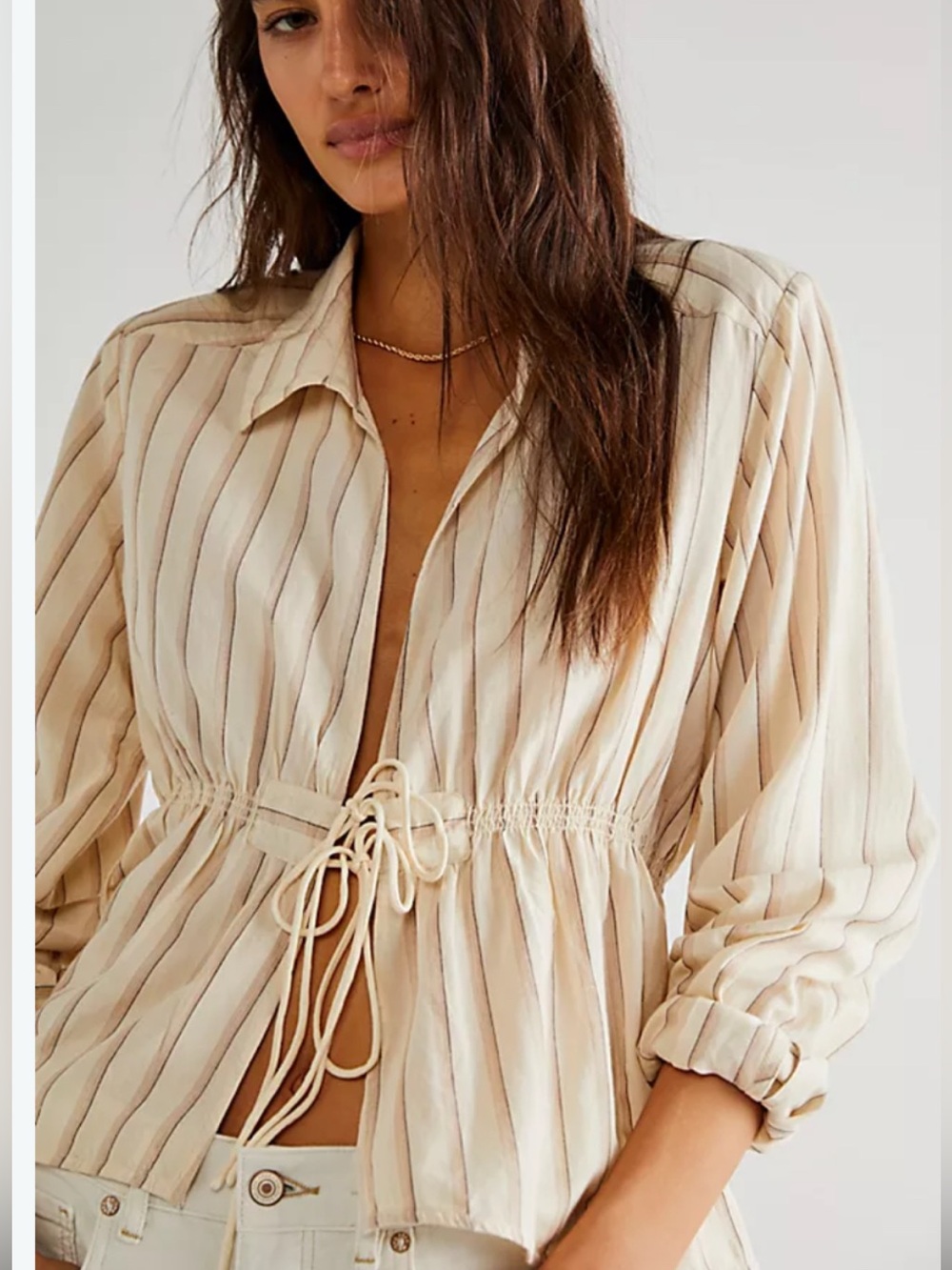 Free People Catlin Women’s Cream Striped Shirt with Ties. Size Large NWT